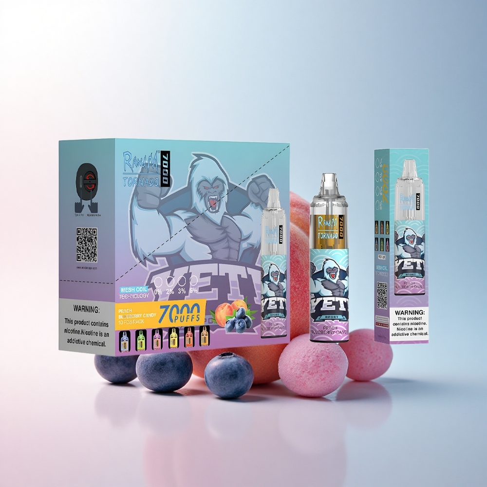 RandM Fumot Tornado 7000 Puffs Pfirsich-Heidelbeer-Bonbon mit 850 mAh und 5% Nikotin