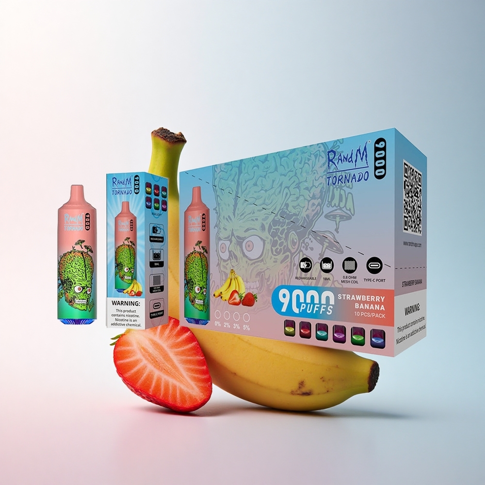 RandM Fumot Tornado 9000 Puffs Erdbeer-Banane Mesh Coil 18 mL RGB Display