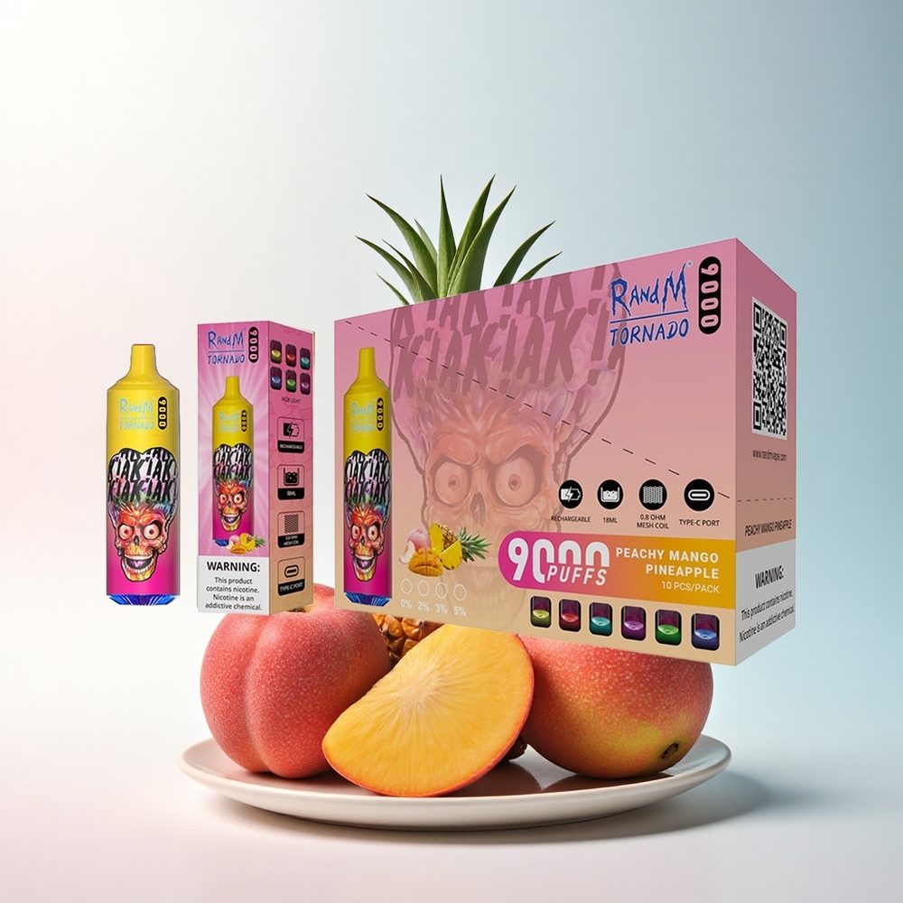 RandM Fumot Tornado 9000 Puffs Pfirsich-Mango-Ananas mit 850 mAh und 18 mL Mesh Coil