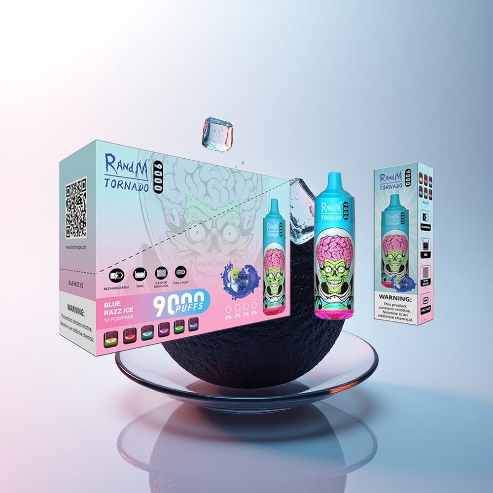 RandM Fumot Tornado 9000 Puffs Schwarzer Drache Eis 850 mAh 18 mL Mesh Coil RGB Display